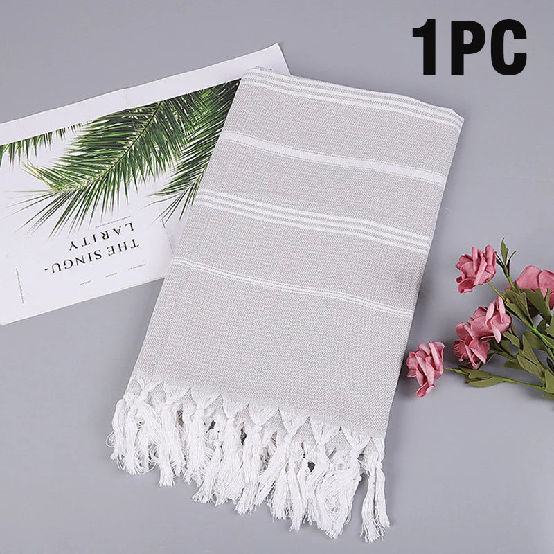 serviette plage rayée rose clair coton absorbant rapide sèche moderne minimaliste tassel