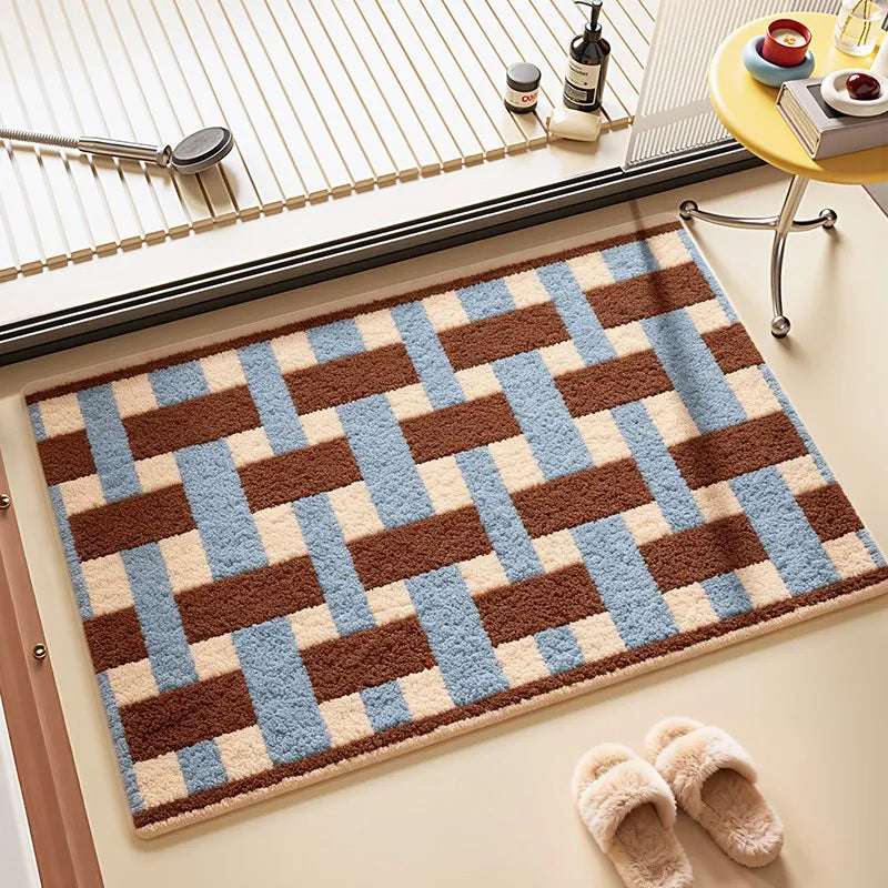 tapis bleu moderne carreaux géométriques résistant saleté imperméable entrée maison
