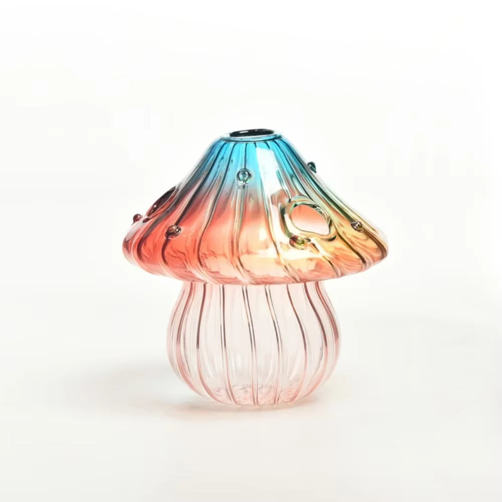 vase moderne transparent champignons colorés orange rouge bleu vert reflets