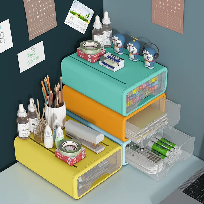 boîtes rangement transparentes modernes couleurs bleu orange jaune crayons calculatrice carnet étiquettes autocollants