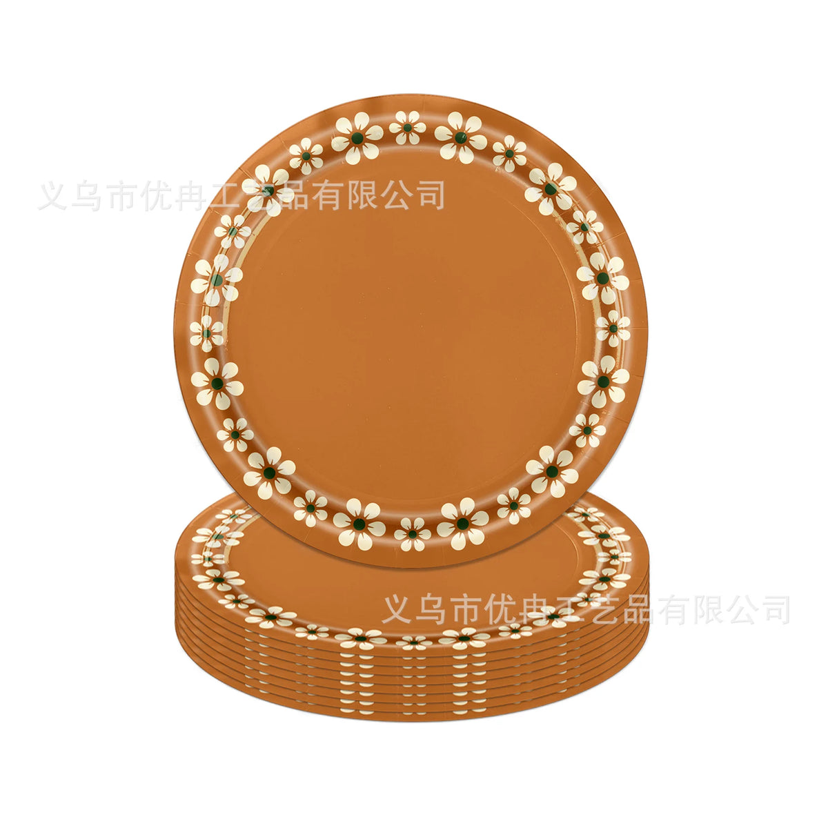 assiettes papier marron clair fleurs blanches occasion fête anniversaire vaisselle jetable
