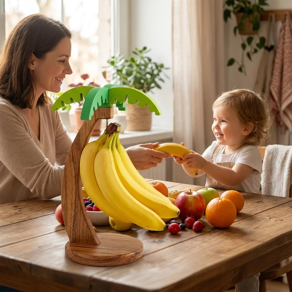 support fruits bois clair feuilles vert bananes citrons raisins pommes oranges tasse vertical comptoir