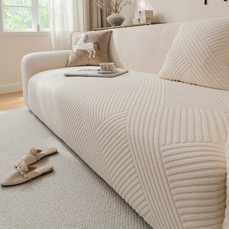 housses canapé moderne rayures horizontales beige gris clair polyestère lavage machine adaptable places