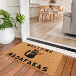 tapis d'entrée humoristique chat épée bienvenue madafafakas antidérapant caoutchouc noir marron clair marron