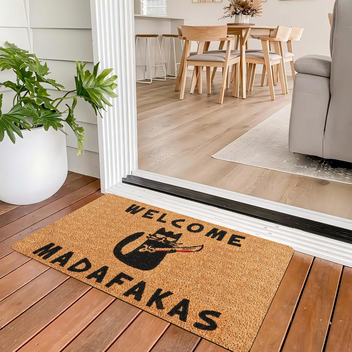 tapis d'entrée humoristique chat épée bienvenue madafafakas antidérapant caoutchouc noir marron clair marron