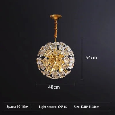 suspension lumineuse moderne or transparent cristal fleurs élégante chaîne métallique lumière led warm cool