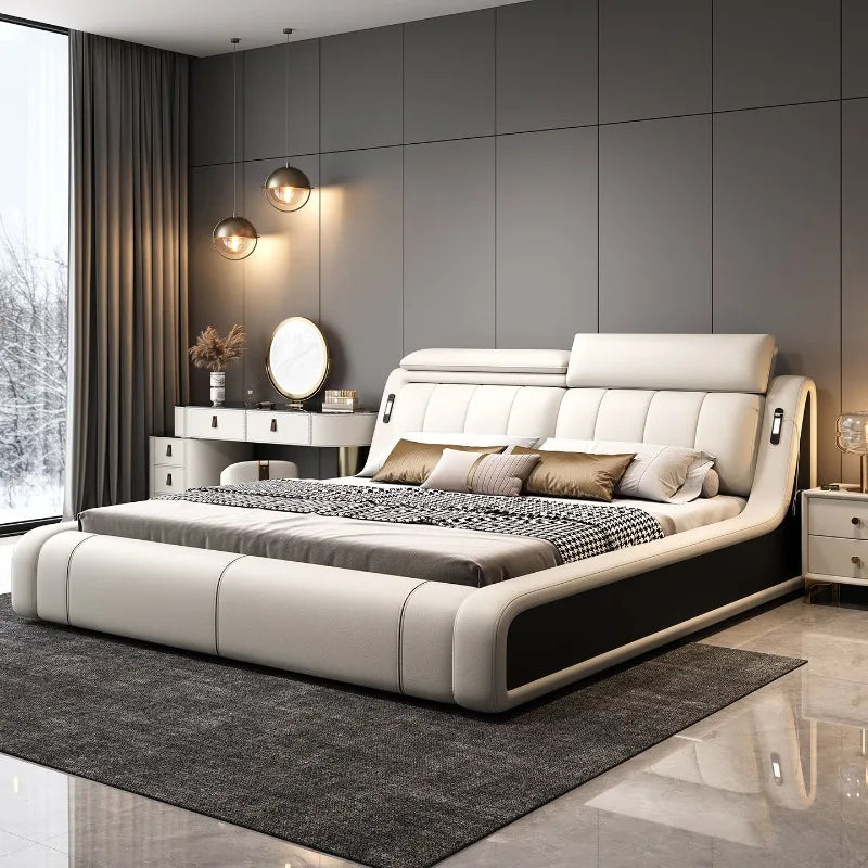 lit double rangement intégré tête lit capitonnée moderne luxueux cuir texturé