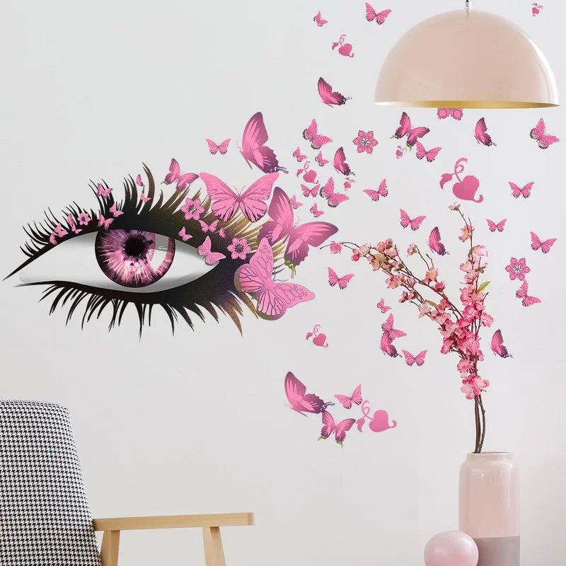 sticker mural moderne oeil stylisé papillons fleurs bleu rose violet noir chambre coucher