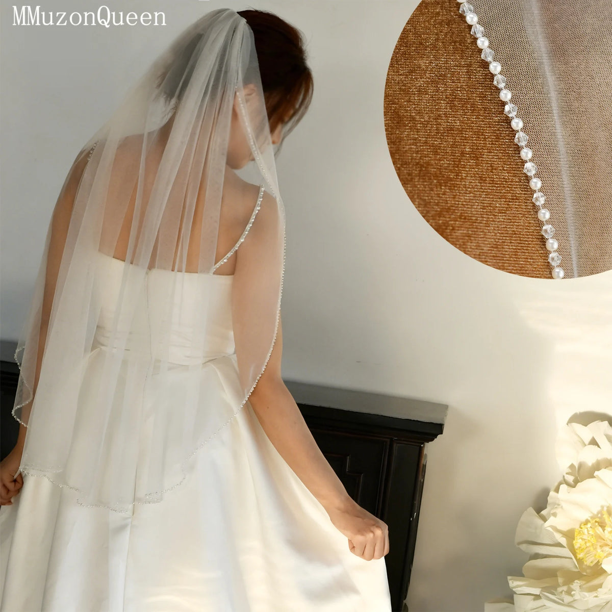 voile mariée blanc bord translucide classique fingertip simple élégant handcrafted