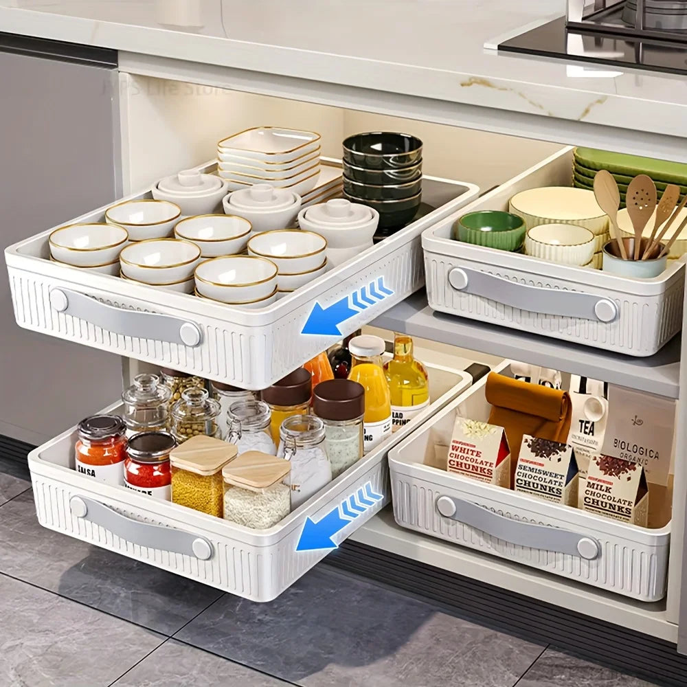 rangements modulaires tiroirs blancs rayures horizontales rails glissières adhésifs moderne cuisine