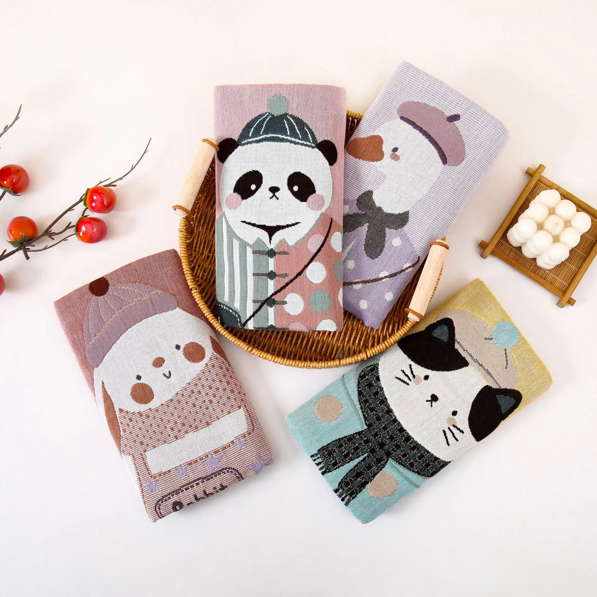 serviettes coton biologique noël dessins animaux ours panda chat ours polaire rose gris bleu