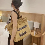 sac plage toile réutilisable pliable boho chic poignées cuir multiple usage femmes pique nique