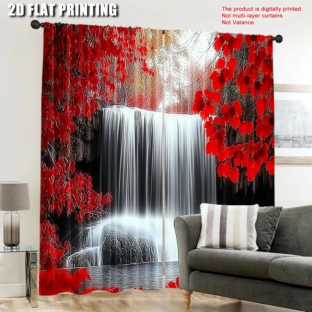 rideau cascade forêt rouge noir automne polyester moderne salon paysage feuilles opaque deux pièces