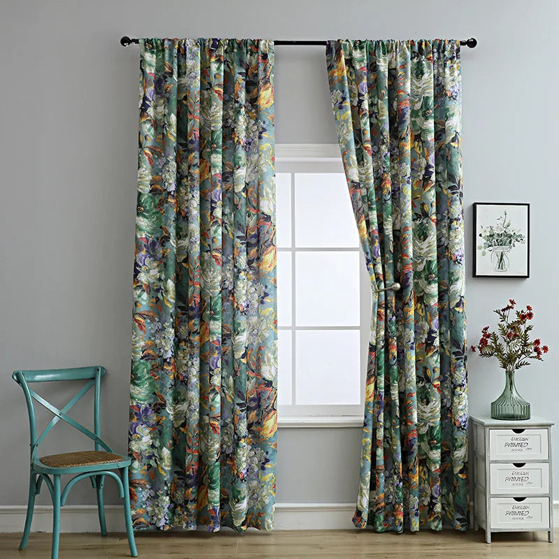 rideau floral deux panneaux pastoral imprimé polyester gris jaune bleu violet vert