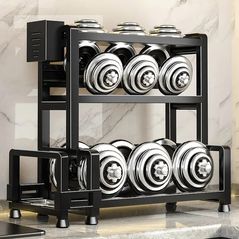 étagère cuisine noire réglable niveaux moderne pieds couteaux bouteilles pots condiments