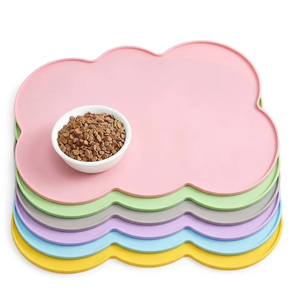tapis animaux compagnie imperméable deux gamelles intégrées moderne ludique rose jaune gris