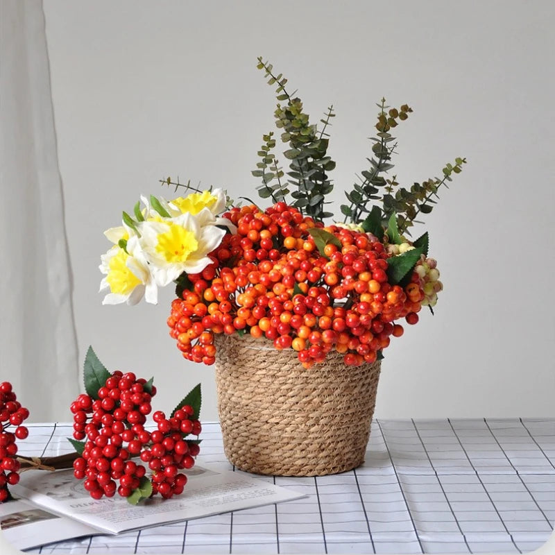 bouquet artificiel moderne feuilles vertes fleurs jaunes oranges rouges décoration intérieure