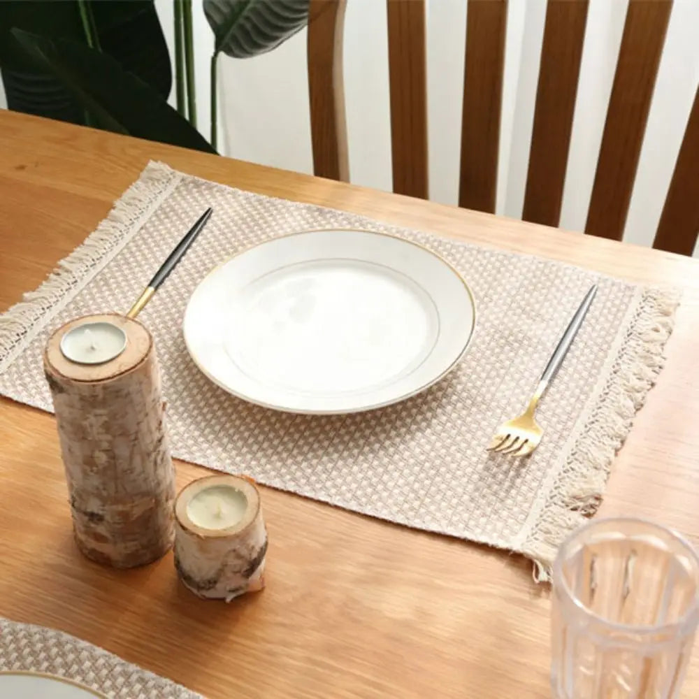 nappes lin beige motif losanges franges decoration table bohème rustique