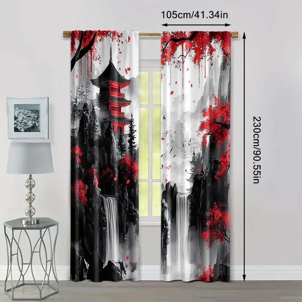 rideau moderne paysage abstrait pagode arbres cascades polyester rouge noir blanc