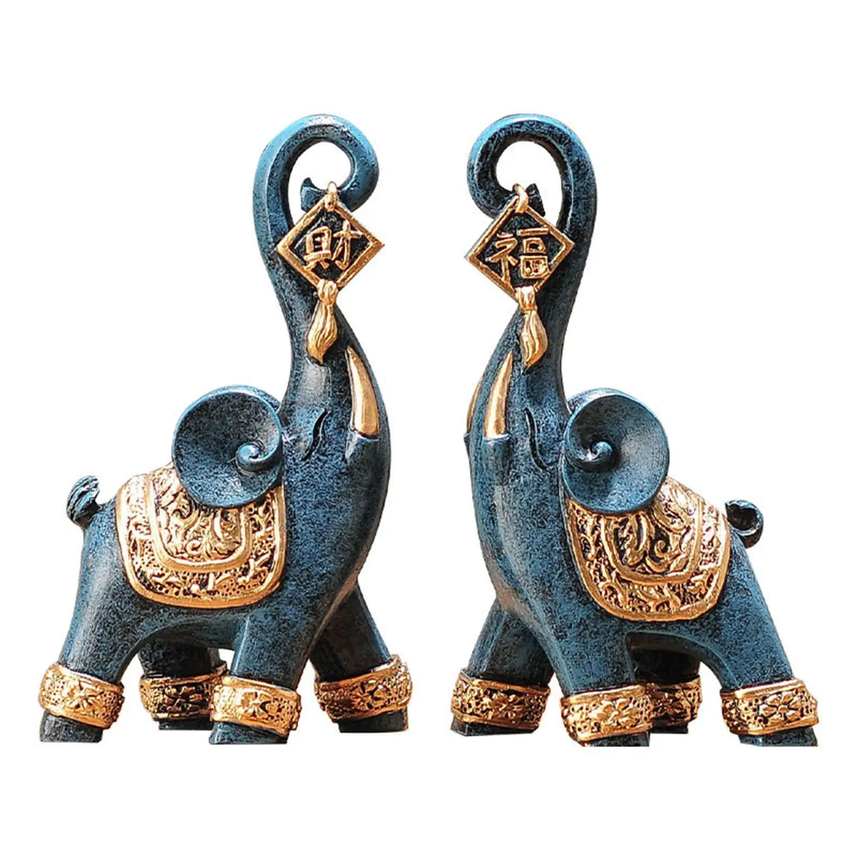 statues éléphants bleu doré motif sculpté détails asiatiques décor maison présentoirs résine moderne