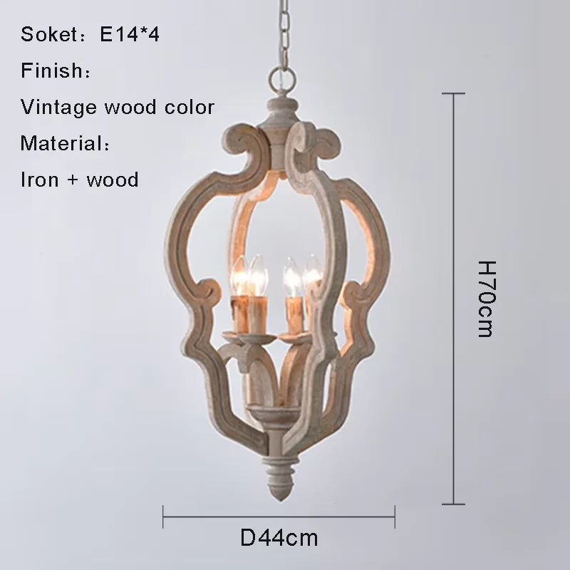 suspension lumineuse bois ornements sculptés finition rustique classique vintage blanc beige salle manger restaurant