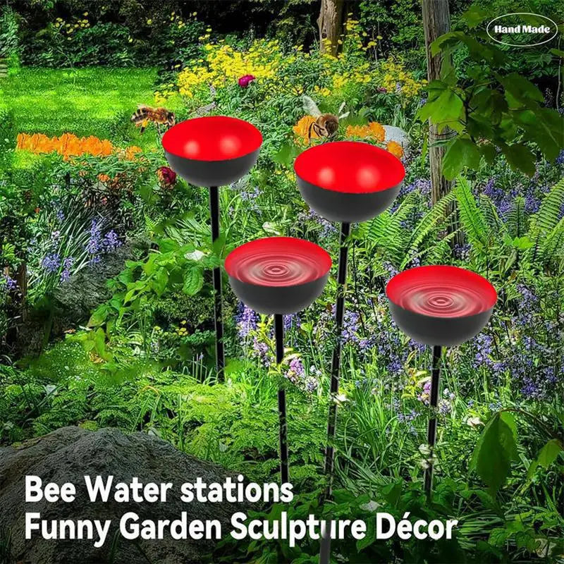 station d'eau abeilles moderne rouge jaune noire ronde brillante crochet métallique jardin deco