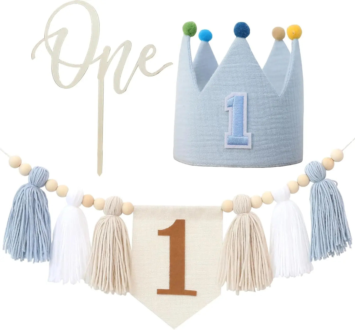 décoration anniversaire bébé couronne guirlande bannière chiffre pompons tissu bleu clair enfantin boho