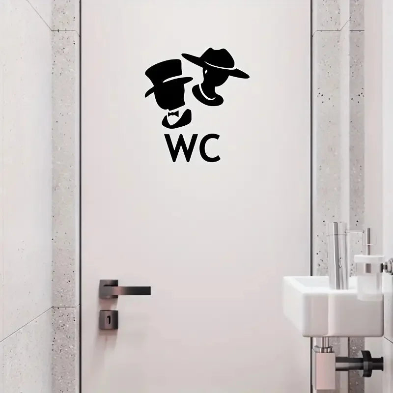 autocollant mural noir silhouettes personnages chapeaux wc graphique minimaliste adhésif maison salle bains