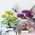 bonsaï artificiel vert rose violet orange feuilles fines tronc épais pot blanc mousse verteextérieur