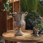 urne jardin fer forgé vintage motif feuilles cage métallique statue femme étagère bois