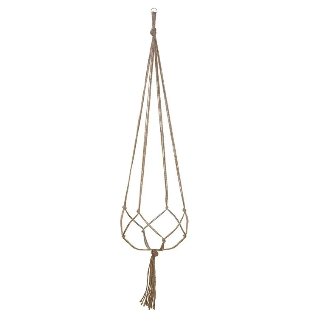 panier suspendu boho chic tissé motifs floraux jaune clair crochets métalliques deux cordons suspension