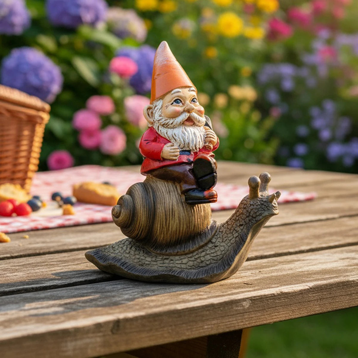 statue jardin gnome escargot orange rouge marron texturée fantaisiste champêtre décorativeextérieur forêt table bois