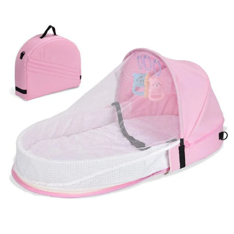 lit pliable bébé bleu clair coussin mousse filet anti moustiques porte clés jouets moderne