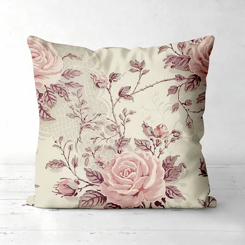 housses coussin imprimé floral vintage beige fleurs roses vertes decoratifs maison lit canape 45x45cm