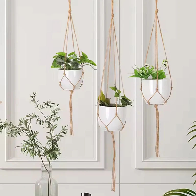 supports plante suspendue macramé boho tissé beige blanc pot fleurs chaines jardins