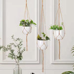 supports plante suspendue macramé boho tissé beige blanc pot fleurs chaines jardins