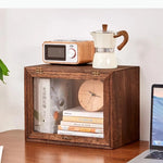 boîte souvenirs bois rustique porte vitrée présentoir organisation vases céramique livres horloge réveil