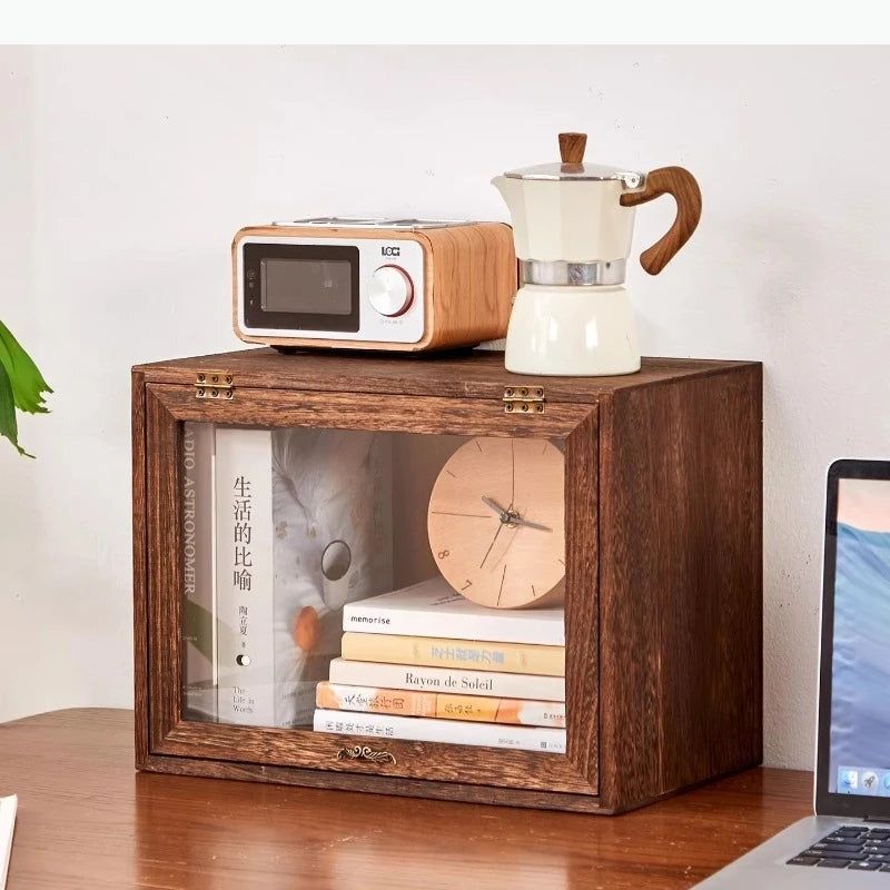 boîte souvenirs bois rustique porte vitrée présentoir organisation vases céramique livres horloge réveil