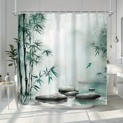 Rideau de douche imprimé bambou et pierres, ambiance apaisante dans une salle de bain lumineuse en bois clair.