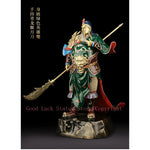 statue guerrier chinois or armure détaillée barbe cheveux longs traditionnel or vert rouge bleuargent