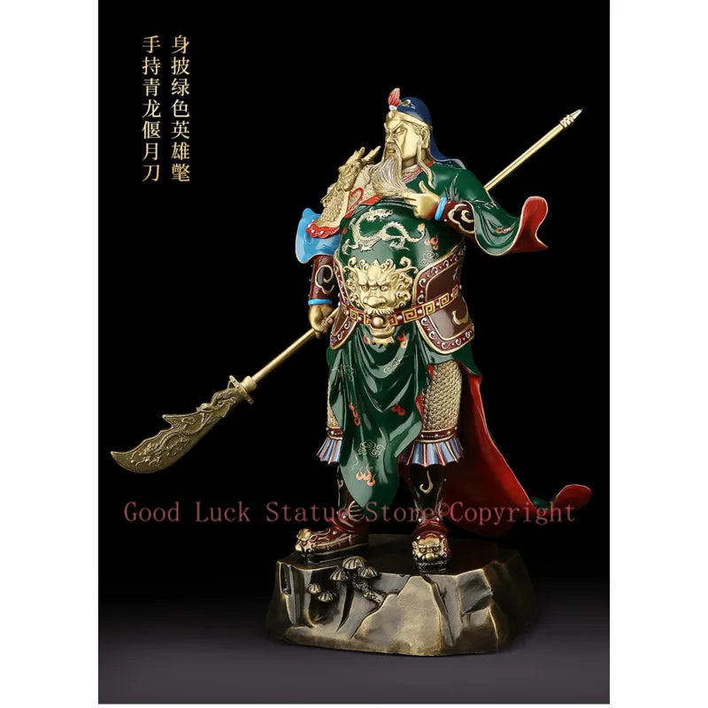 statue guerrier chinois or armure détaillée barbe cheveux longs traditionnel or vert rouge bleuargent