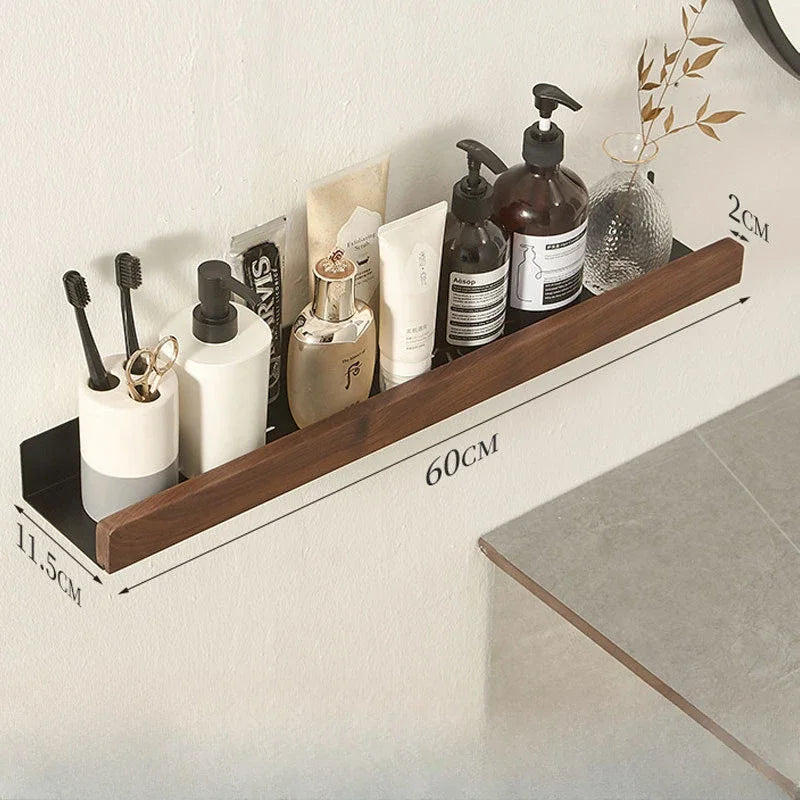 étagères murales modernes minimalistes noires bois flacons brosse dents adhésives salle bain