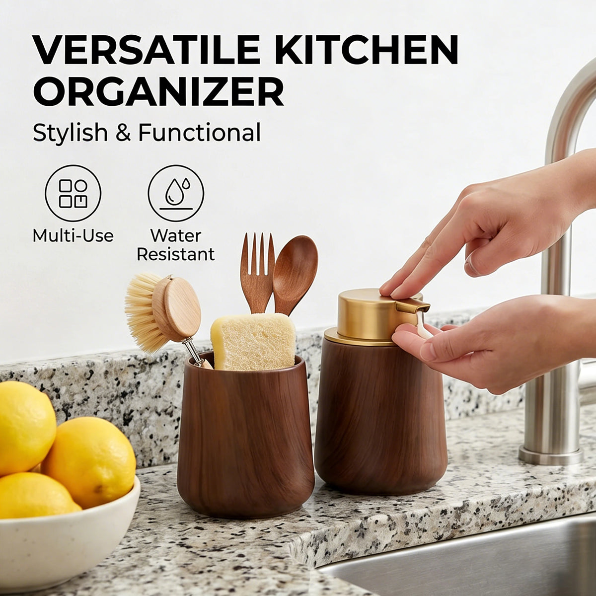 distributeur savon mousse porte brosse dents moderne bois naturel marron foncé salle bain cuisine