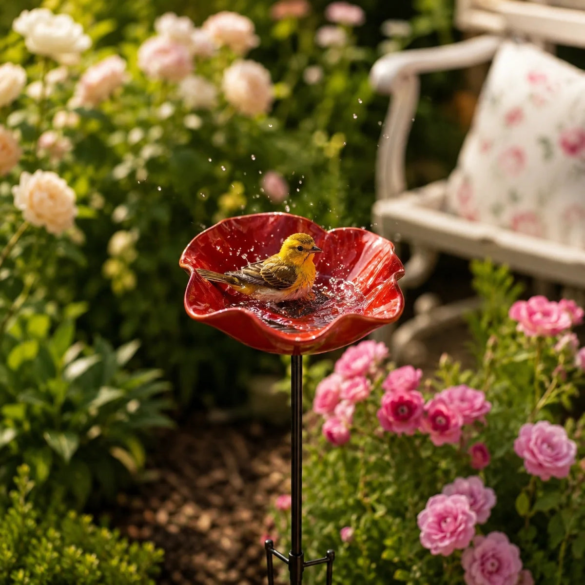 bassin oiseaux rouge forme fleur moderne tringle extérieur jardin fleuri