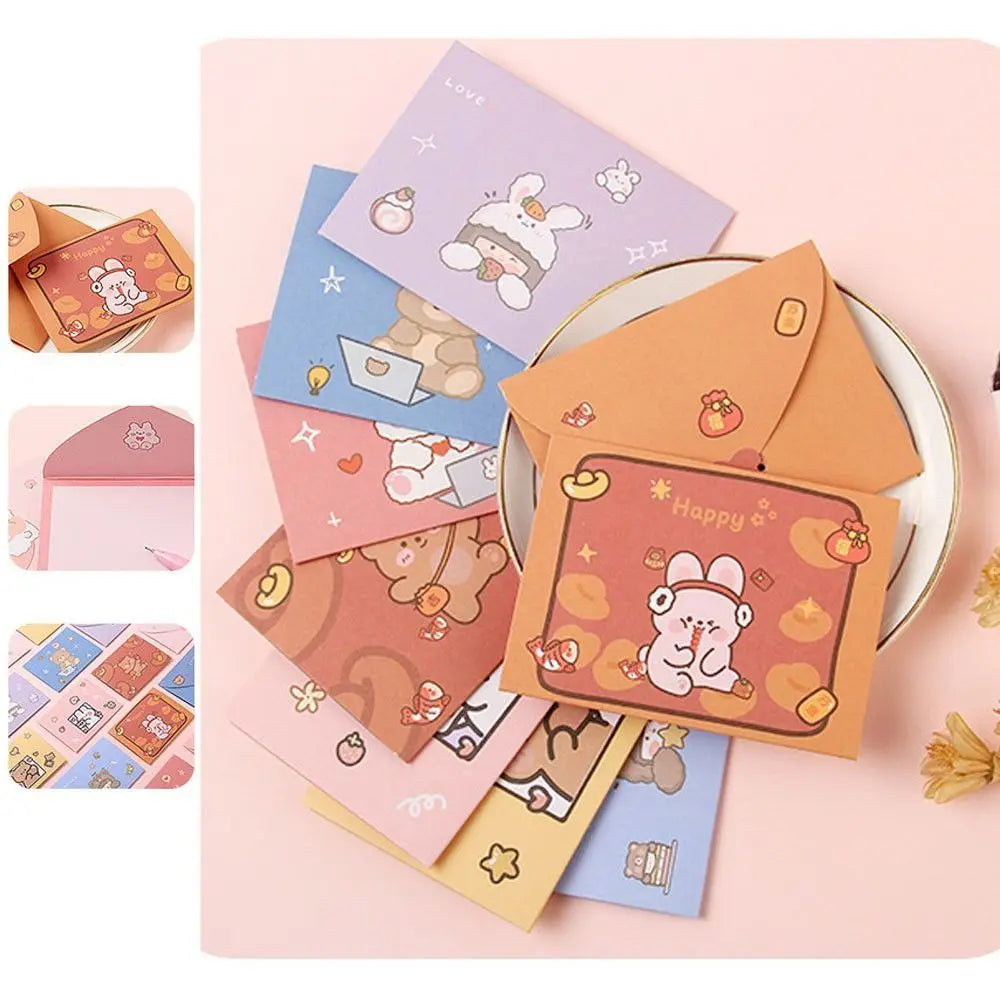 cartes postales kawaii dessins animés ours lapins colorées orange rose jaune bleu clair festive