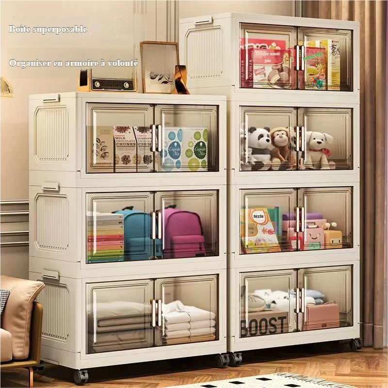 armoire rangement modulable pliable beige roulettes portes translucides jouets maison