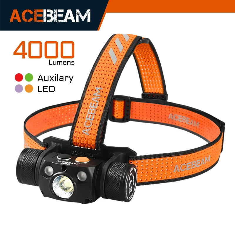 lampe frontale ultra lumineuse 4000 lumens rechargeable usb noir orange tissu perforé moderne fonctionnel
