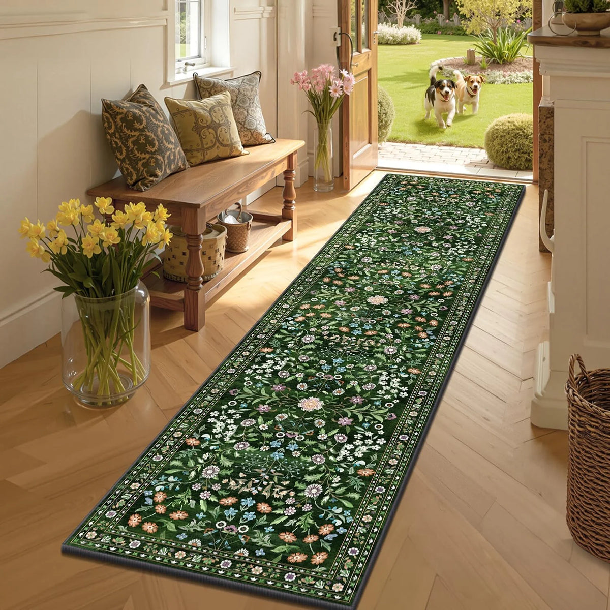 tapis vert floral antidérapant extérieur moderne bordure géométrique fleurs feuilles classique