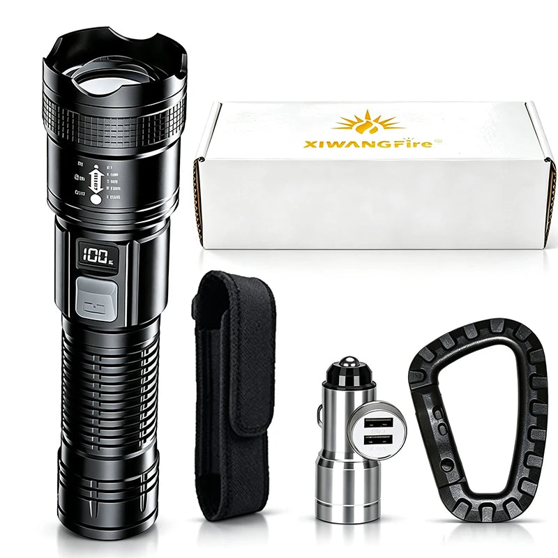 lampe poche noire rechargeable led étanche camping torche réglable mode haut basécran digital included