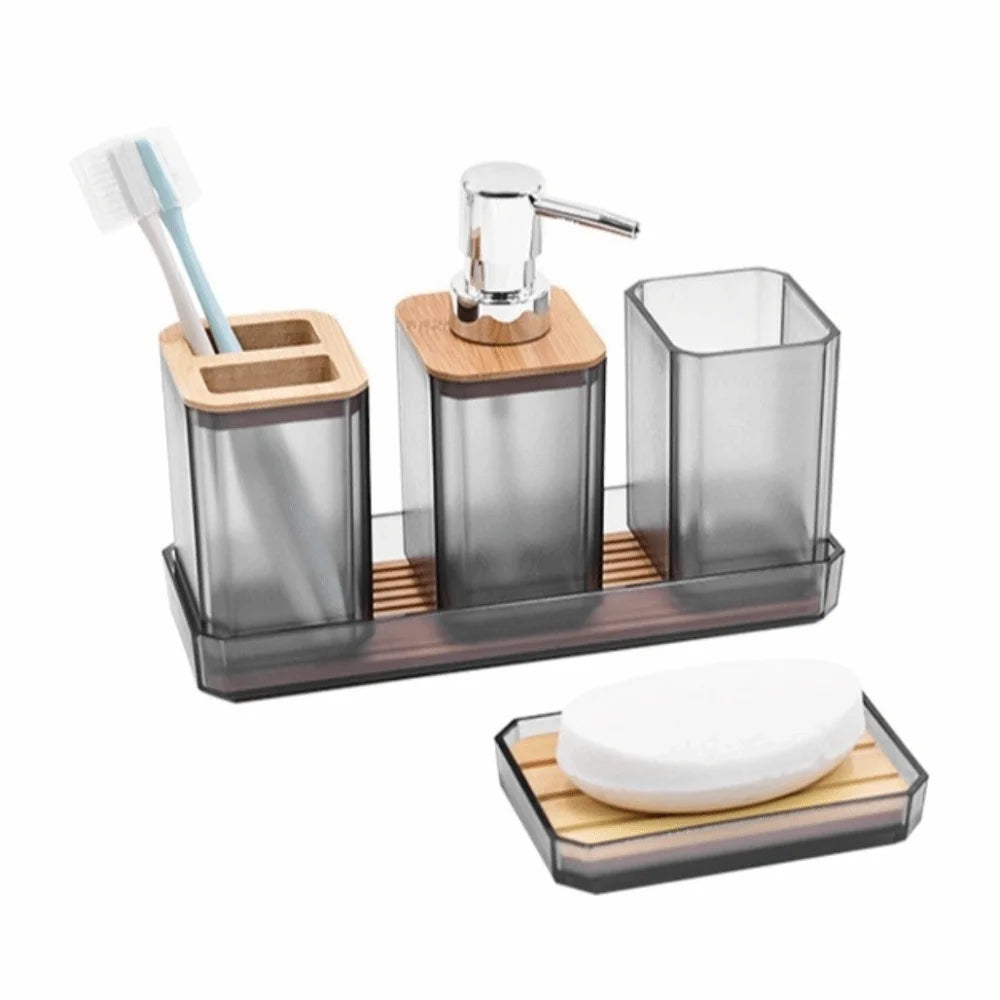 ensemble salle bain moderne porte brosse dents porte gobelet distributeur savon plateau bambou noir